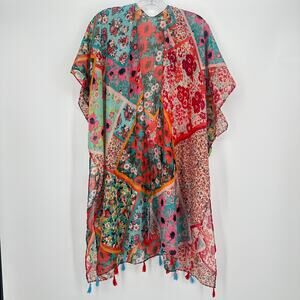 Boho Floral Patchwork Kimono Tassel Trim Cover Up Sheer One Size Multicolor
